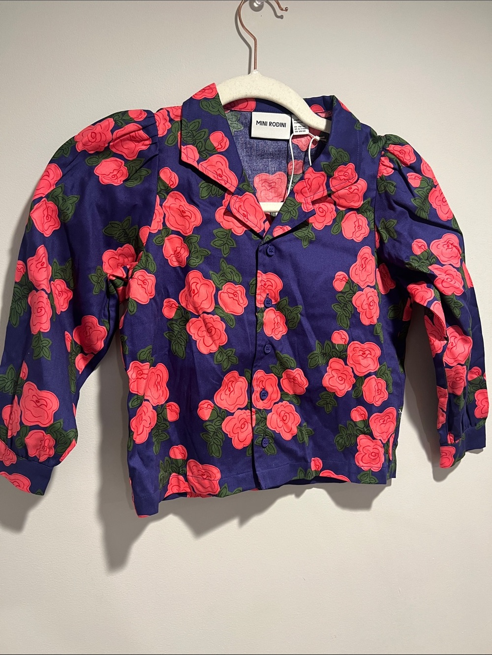 Mini Rodini Girls Bright Blue Blouse with Pink Rose Print and Green Leaves